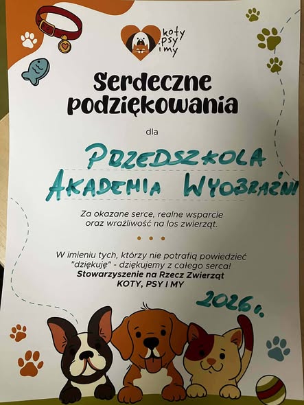 Podziękowanie dla naszego przedszkola za udział w zbiórce 